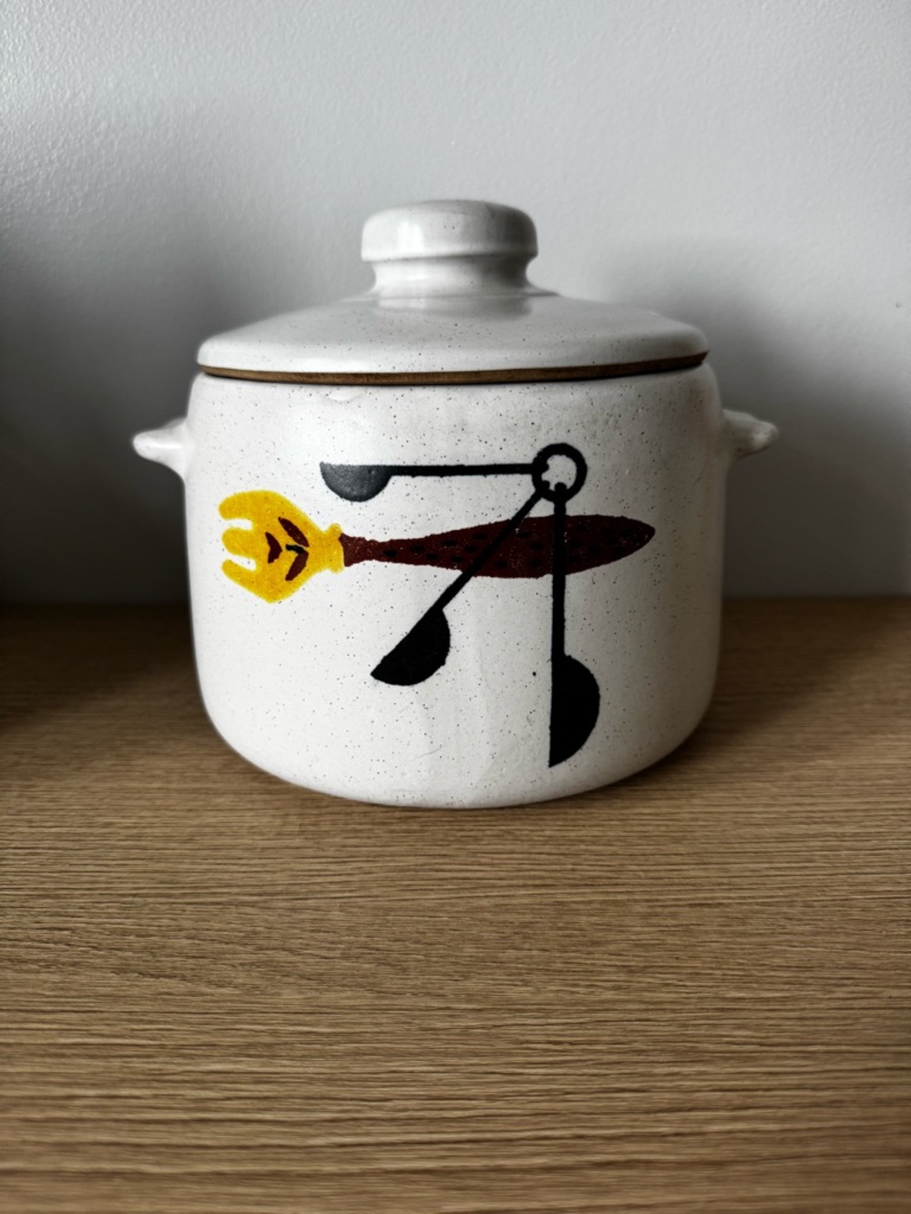 Speckled Ceramic Decorative Bean Pot with Yellow Accent Floral Motif